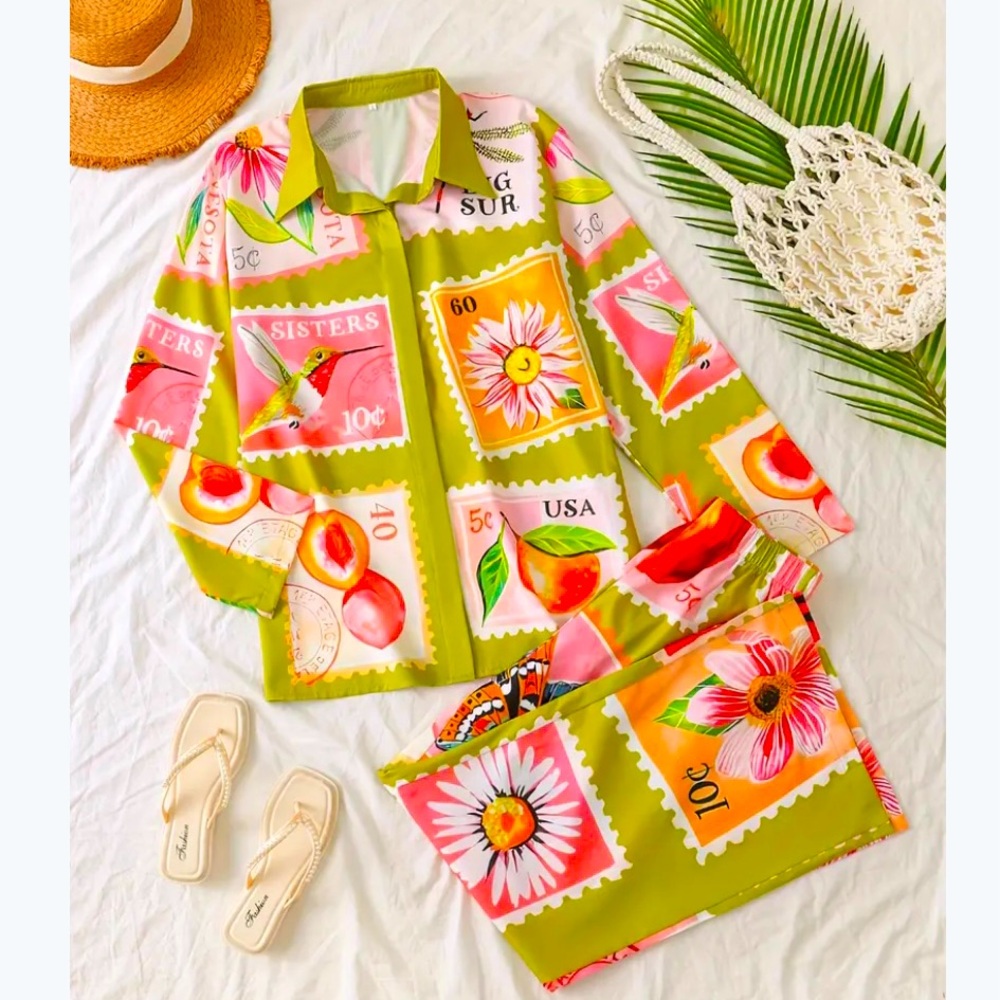 Colorful Stamp Print Shirt and Pants  Set